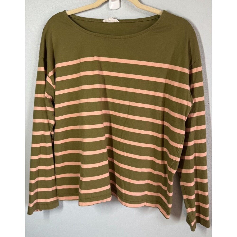 Maurices Womens Striped Long Sleeve Jersey Top Large Green/Pink Casual Relaxed‎